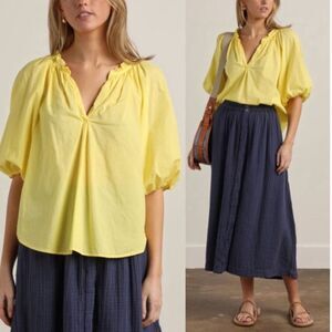 XiRENA 100% Cotton Yellow Jules Puff Sleeve Boxy V-Neck Tuckernuck Blouse Small